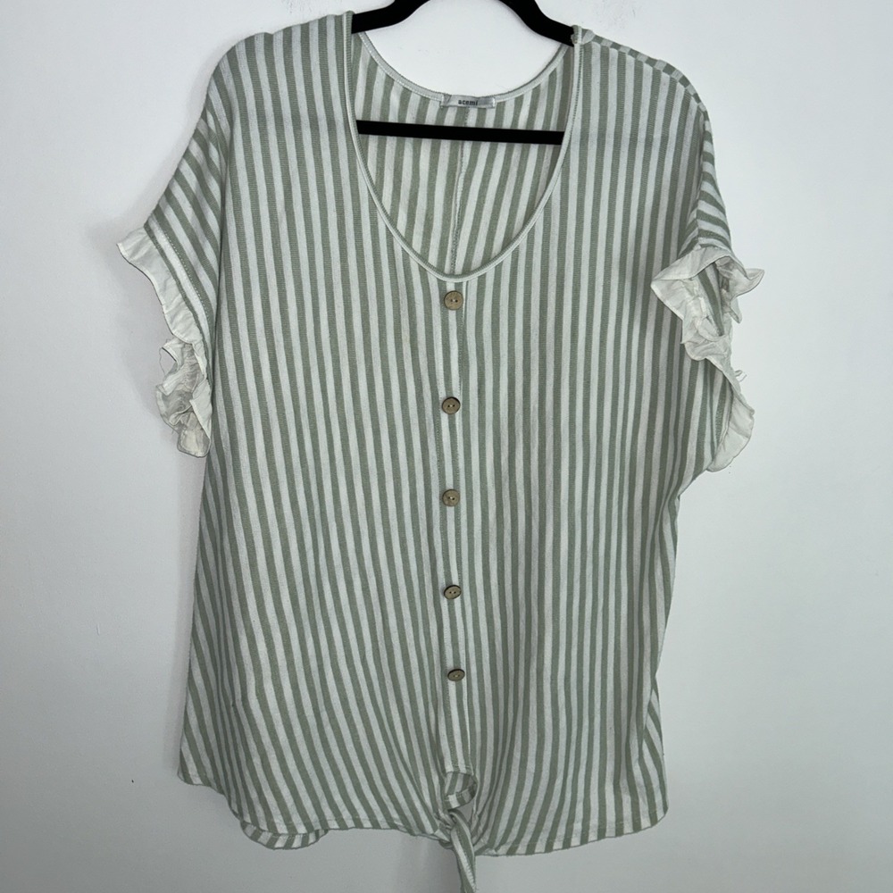 Acemi 3X Women's White Green Stripe Ruffle Sleeve Blouse Front Tie‎ Front Button